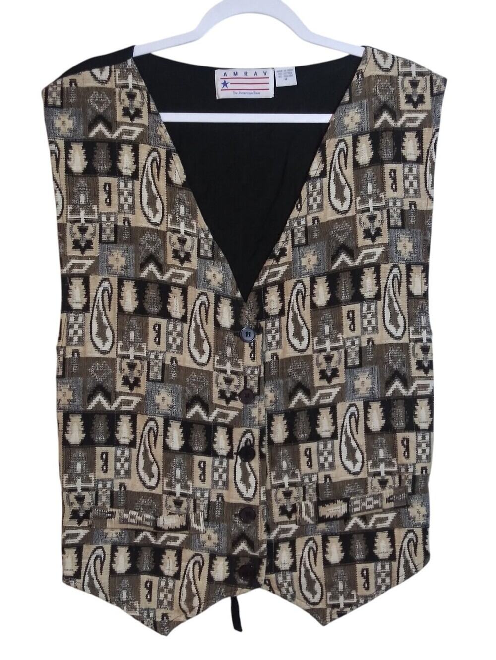 AMRAV Vintage Jacquard Folk Art Button Front Vest in Neutral Tones Size M
